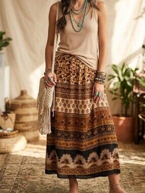 Forever 21 Womens Brown Tan Print Bohemian Gypsy Maxi Skirt Large